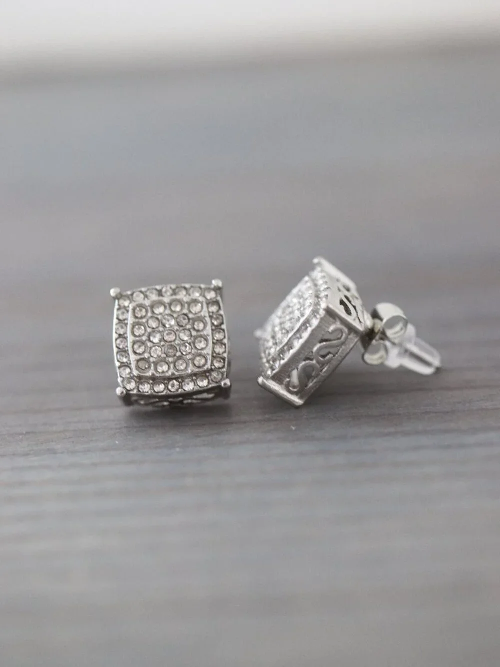 12mm Square Box Pave Style with Side Stones CZ Diamonds Stud Earrings Silver Pla